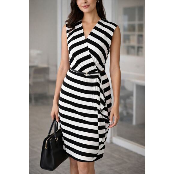 Calvin Klein Dresses & Skirts - New Calvin Klein Size 6 Black White Striped Dress Belted Classic Chic Career